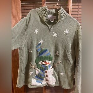 Green Snowman Vintage Granny Sweater